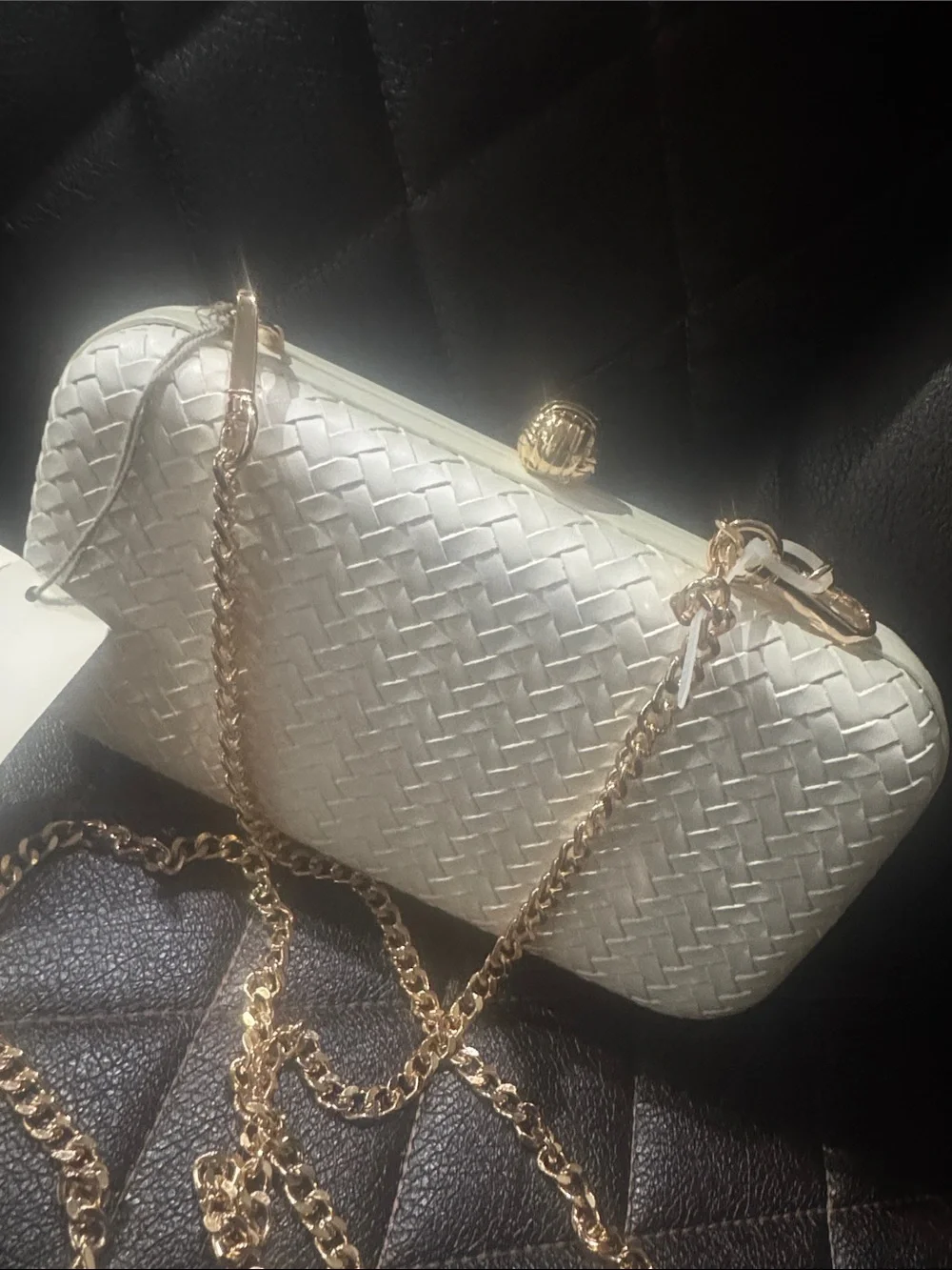 a new day White Woven Clutch with Gold Chain Strap